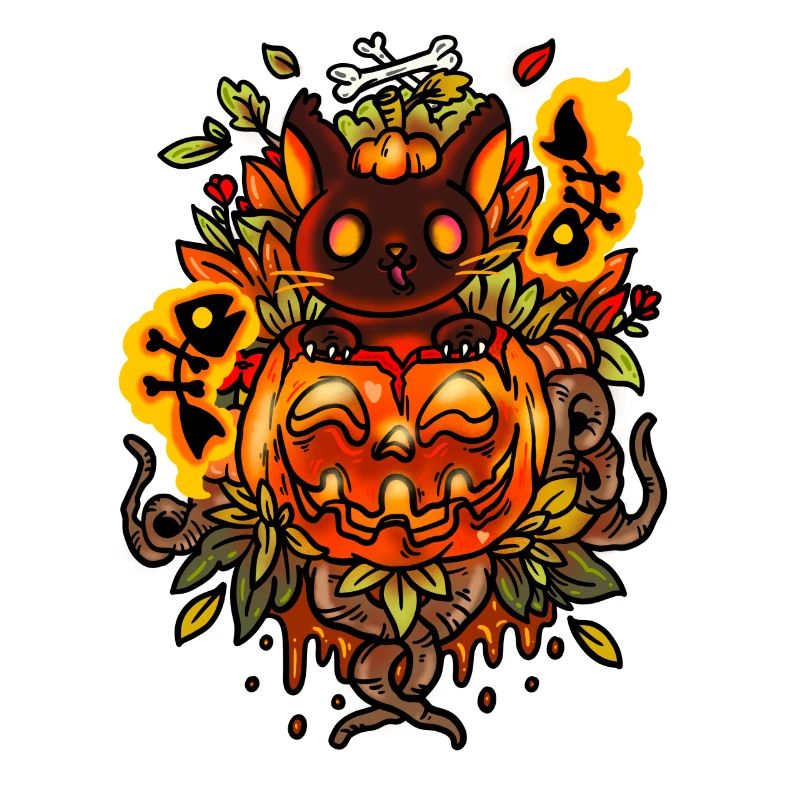 Cat from creepy Halloween pumpkin with ghosts