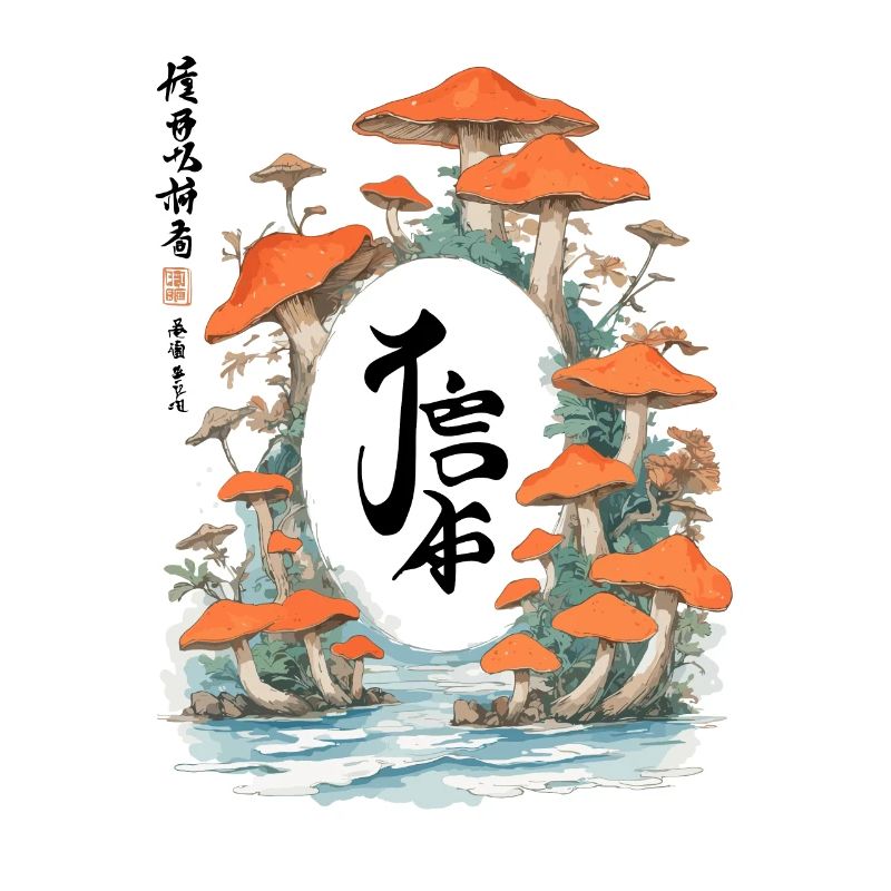Magic Mushroom Scene in Ukiyo-E Kanji Style