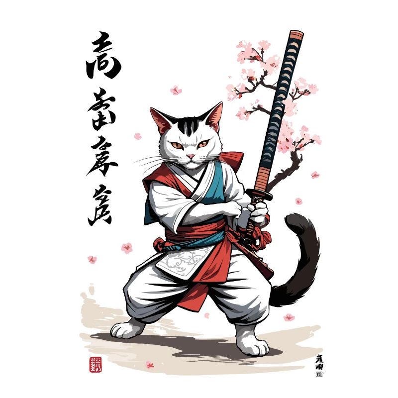 Samurai Katze mit Katana Kirschblüten Vintage Stil