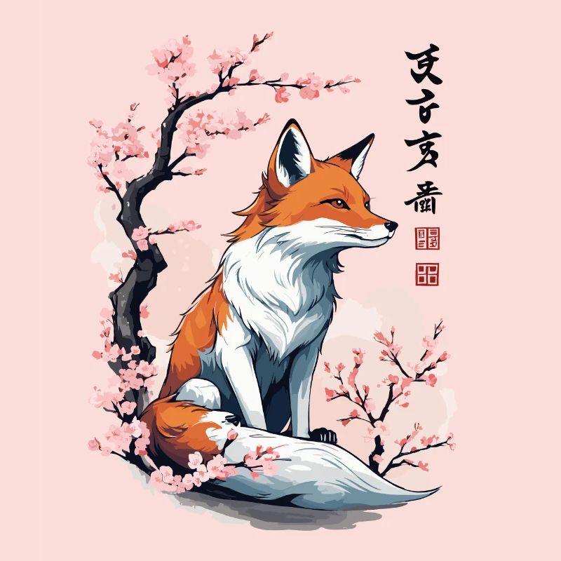 Magic Fox Cherry Blossoms Japan Kanji Design