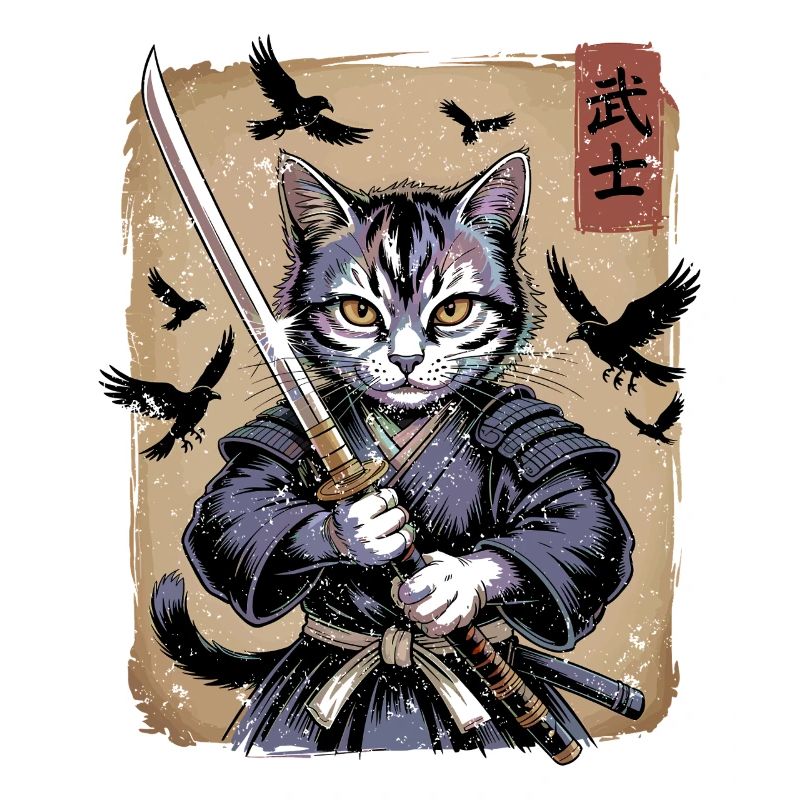 Ukiyo-e Art Japonais Kawaii Samurai Cat Art