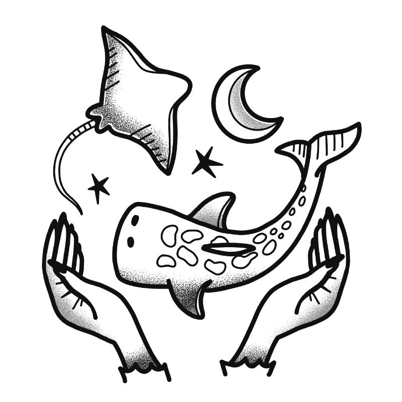 Witchcore Tattoo style Hands, Whale shark stingray