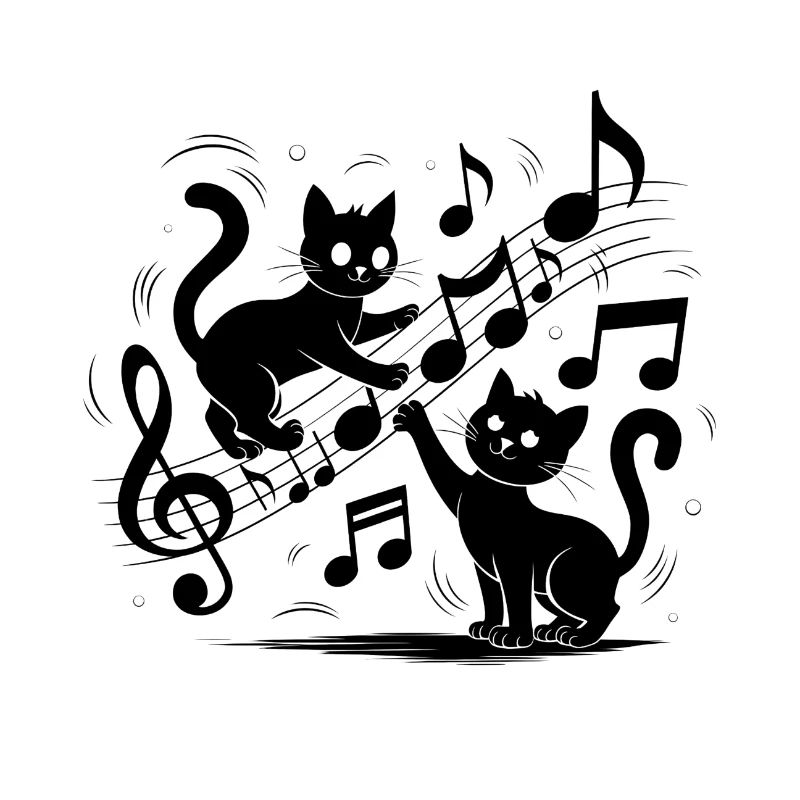 Motif chats noirs jouant avec note de musique