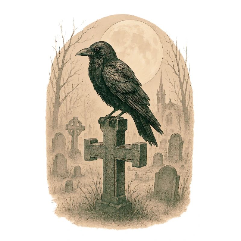 Moonlit Graveyard Raven Illustration