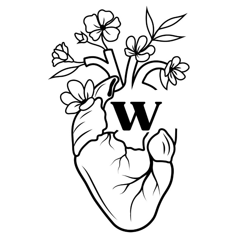 Buchstabe w Herz schwarze florale Anatomie