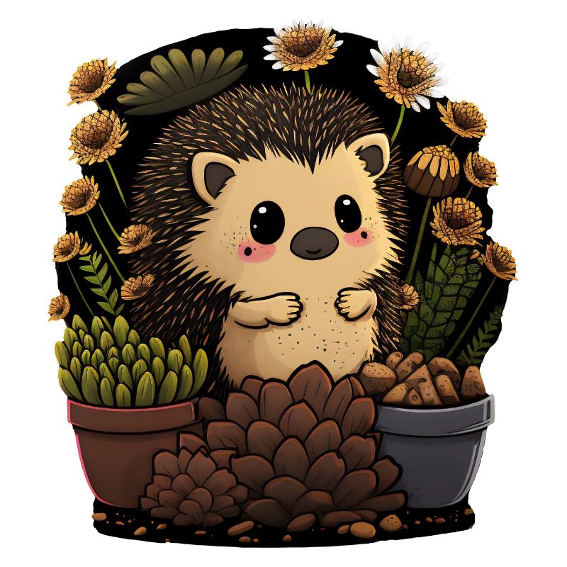 Petit hérisson, pot de fleur, cactus, fleurs, jardin