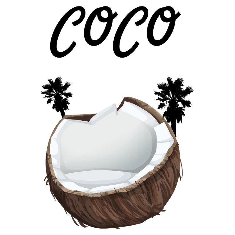 Coconut with lettering Coco and palm trees