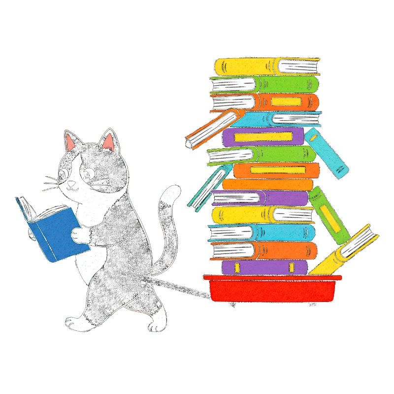 Reading kitten pulls book trolley