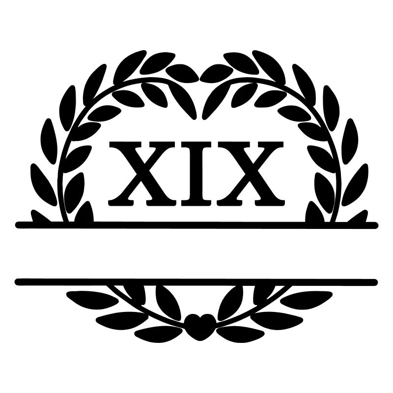 Nineteen years, in Latin numerals laurel wreath