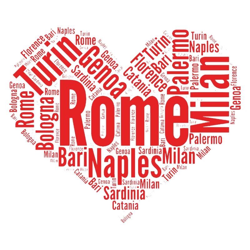 Italian cities typography heart-shaped layout map 
