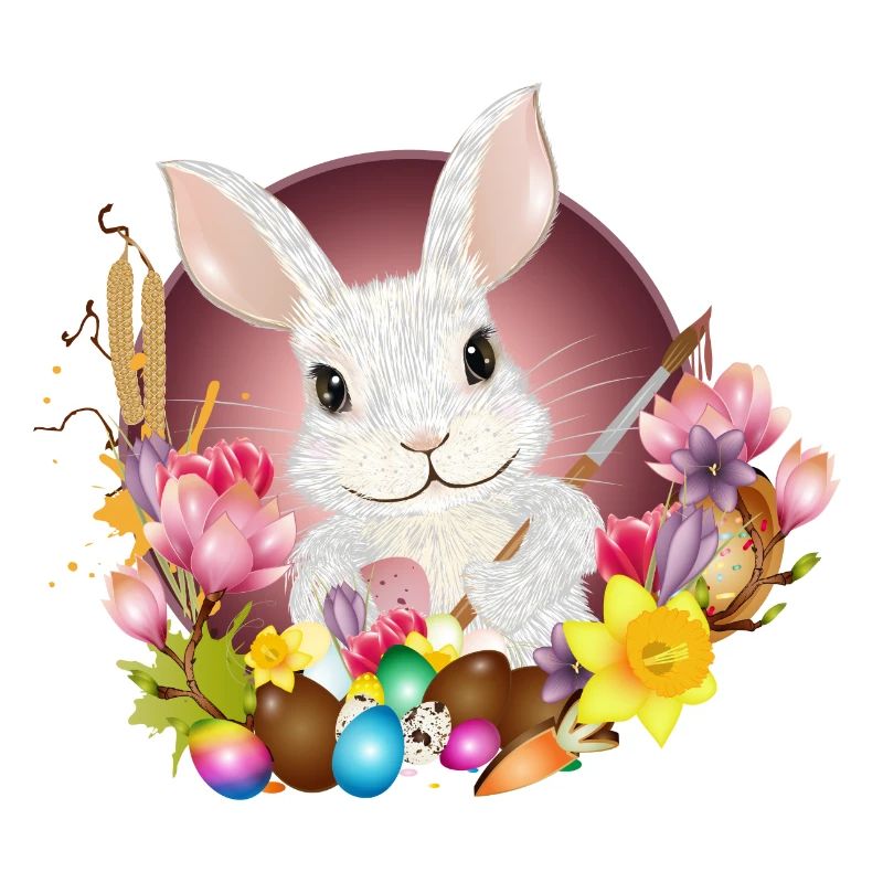 white rabbit with easter eggs as easter bunny