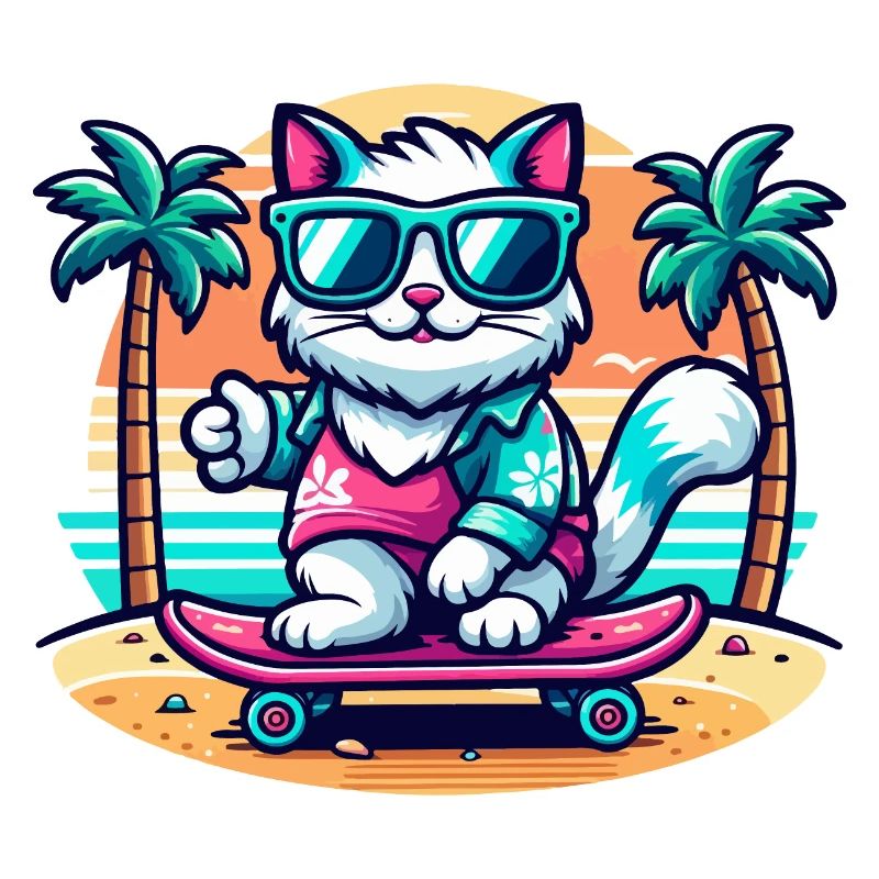 Cat on a Skateboard on the Beach