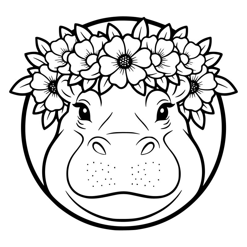 Hippopotamus Floral Wreath Boho Outline Vector