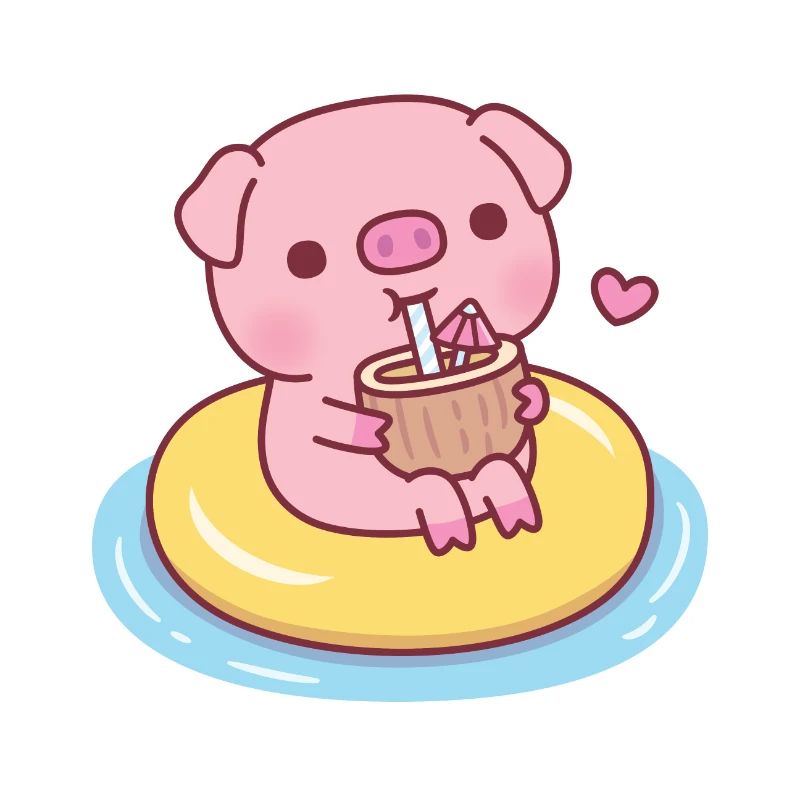 Cute Piggy In Pool Float Drinking Coconut Water