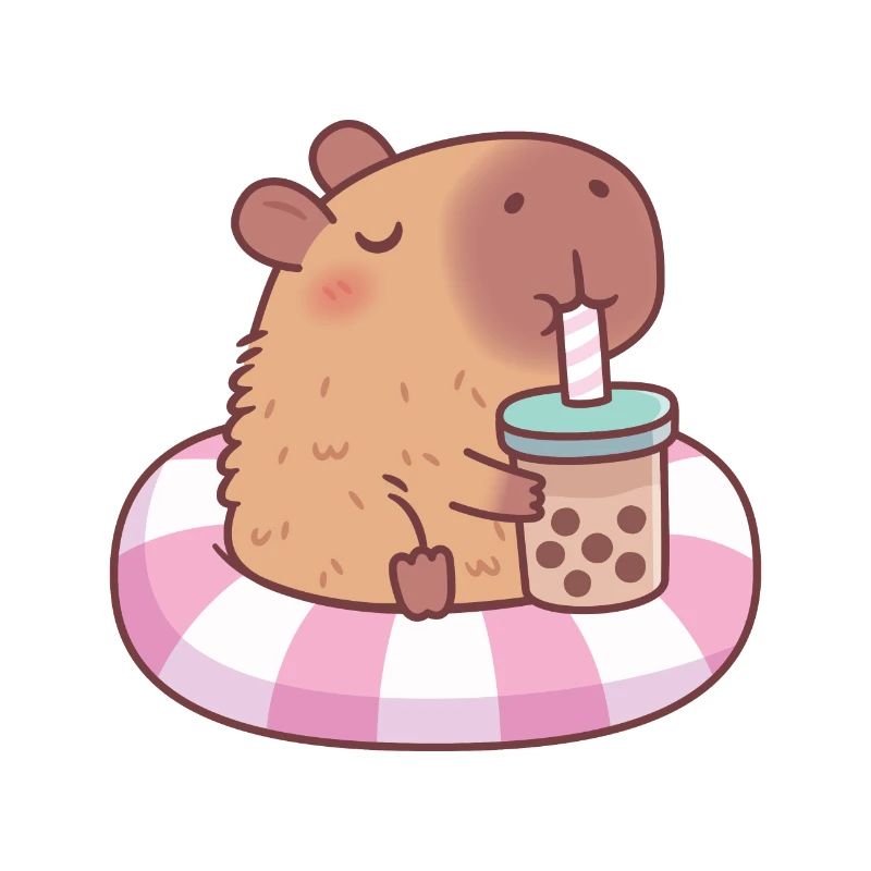 Cute Capybara On Pool Float Drinking Bubble Tea