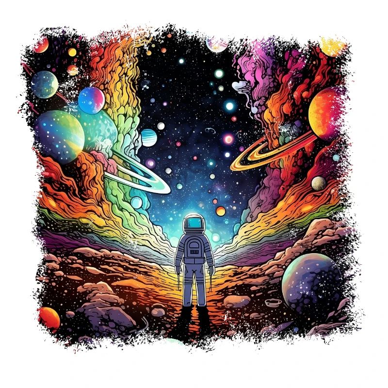 Surrealist space artwork with planets