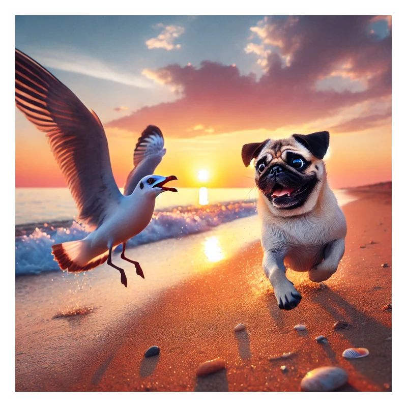 Lebendige Strandabenteuer mit Hund und Möwe