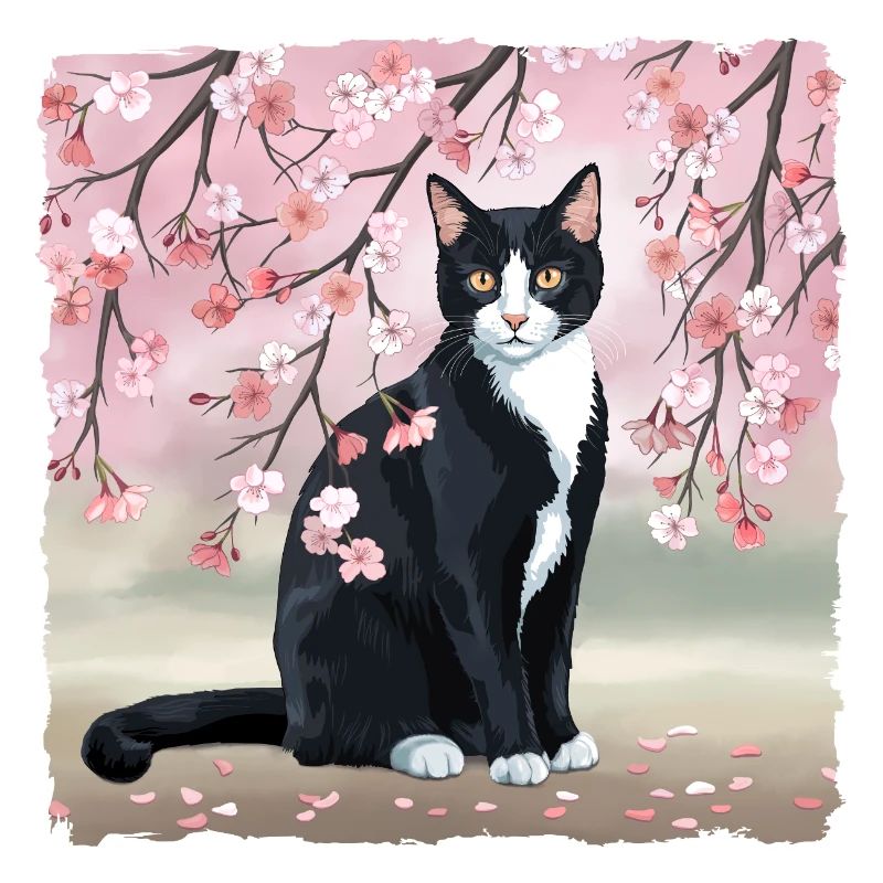 Chat en fleur de cerisier : Fleurs de Sakura roses, Chat noir