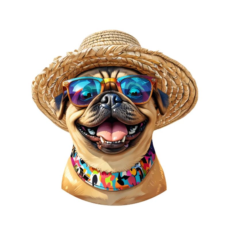 Fröhlicher Mops mit Sonnenbrille & Strohhut