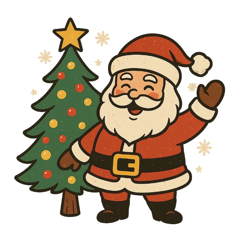 Fröhlicher Weihnachtsmann neben Baum