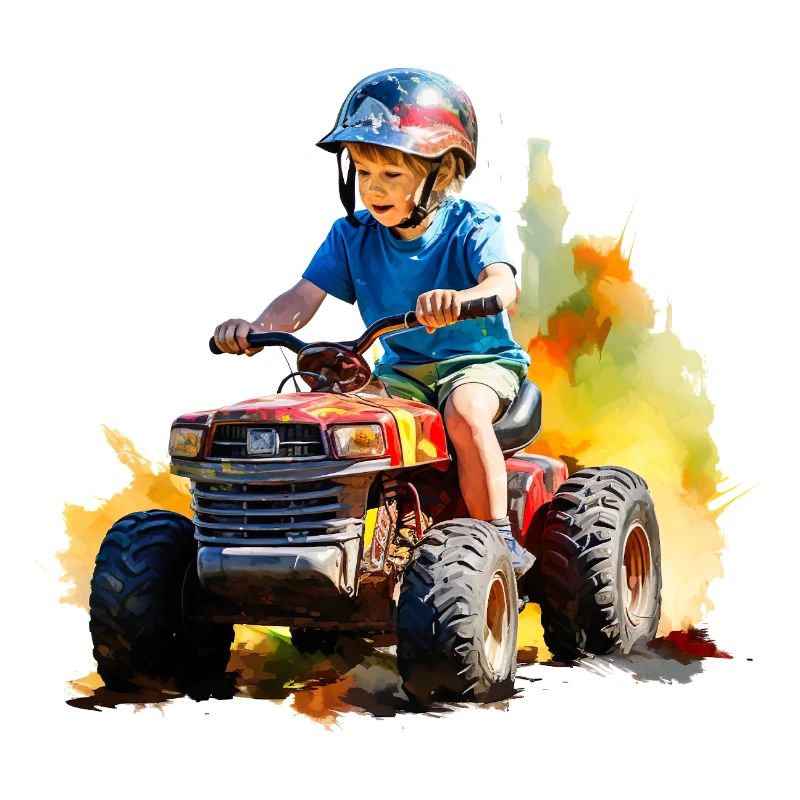 Junge auf Spielzeugtraktor mit Farbspritzer