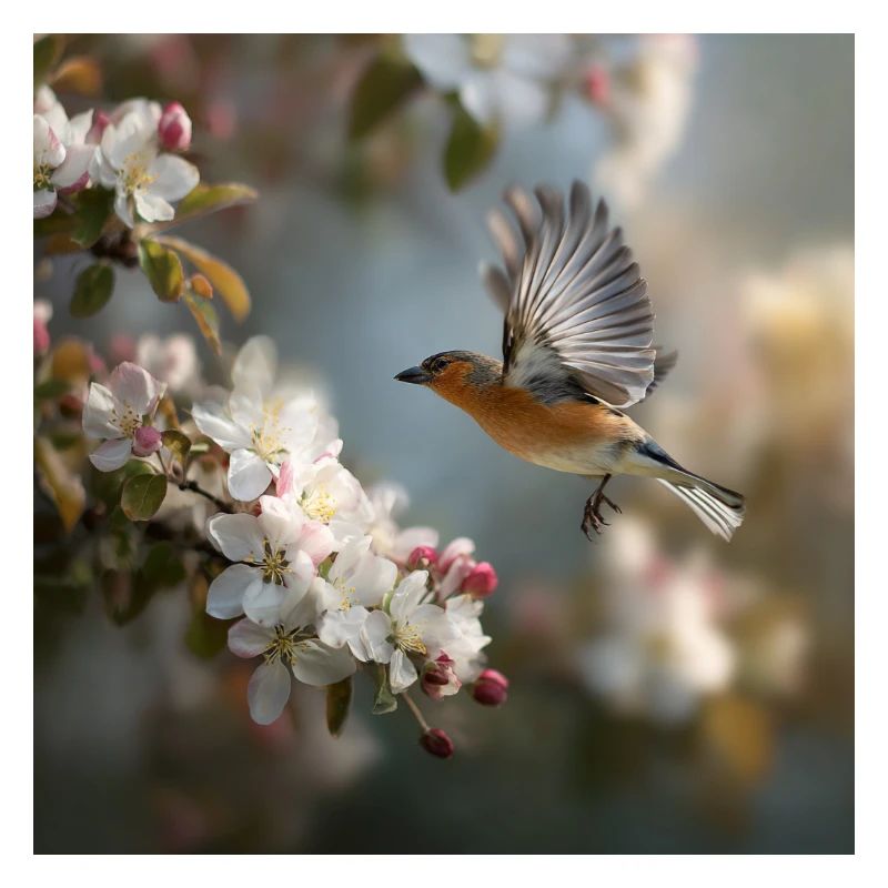 Spring sparrow in blossom flight