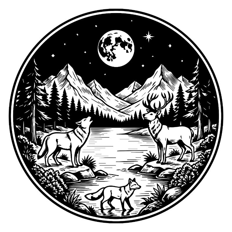 Wolf, deer and fox on the mountain river in the full moon.