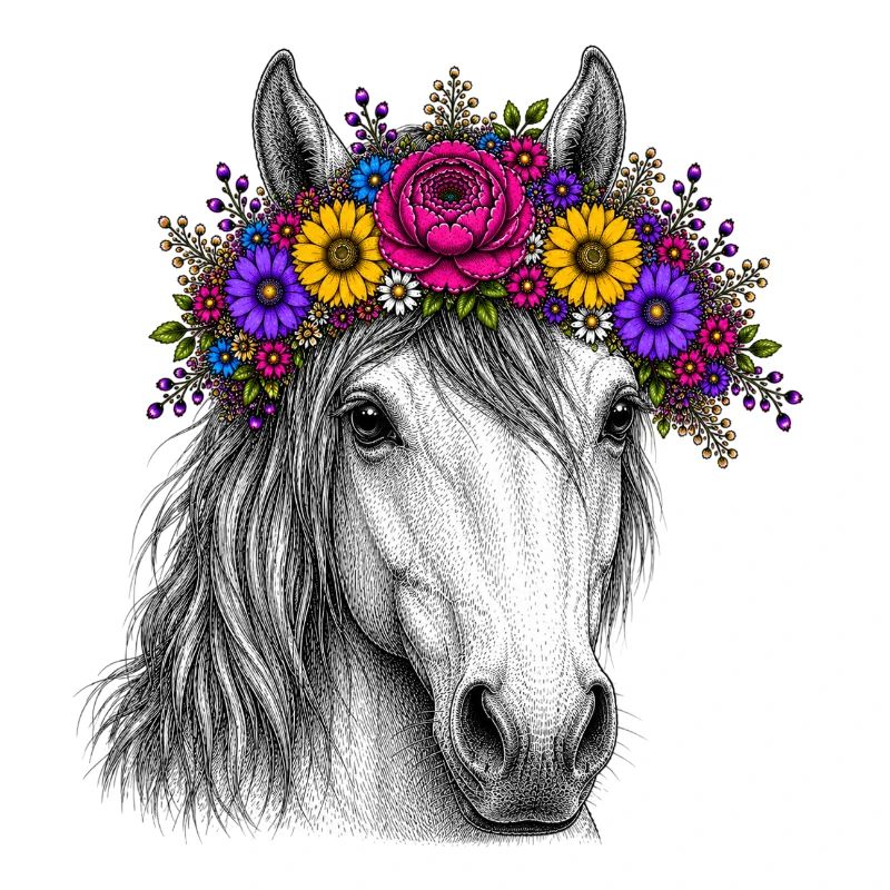 Pferd mit Blumenkranz