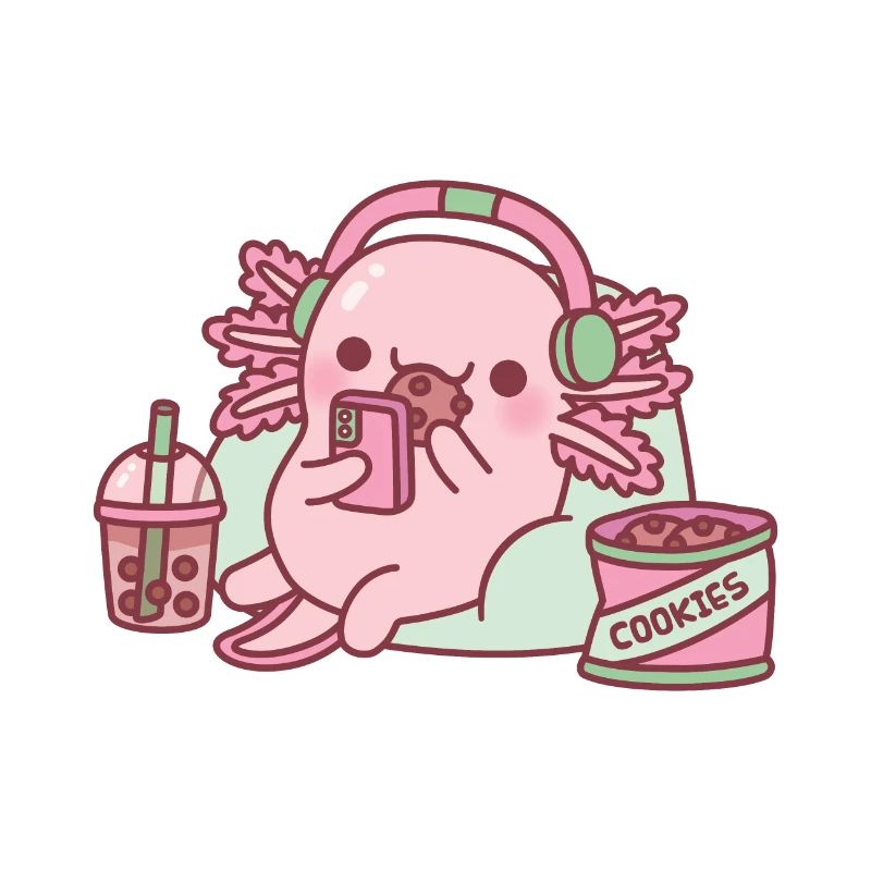 Axolotl mignon se refroidissant avec des biscuits et du thé à bulles