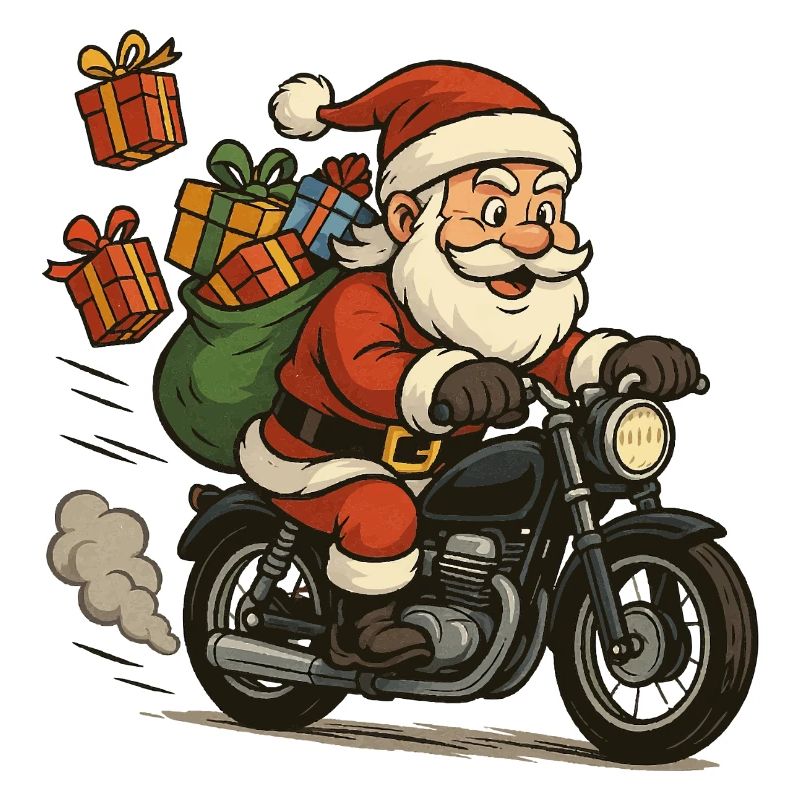 Weihnachtsmann auf Motorrad mit Geschenken