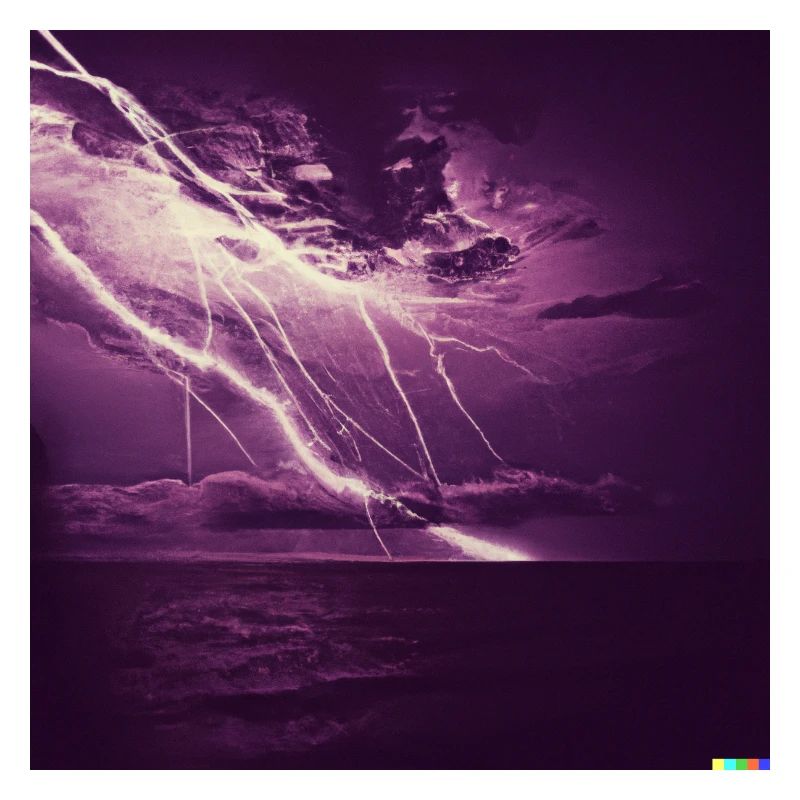 Mer orageuse, éclairs violets à l’horizon
