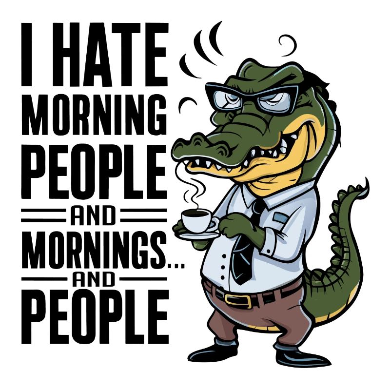 Erst Kaffee grantiges Krokodil mit Kaffeetasse