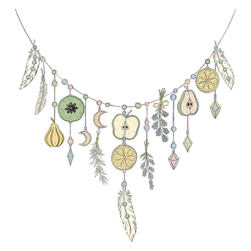 Delicate chain with fruit and feather motifs