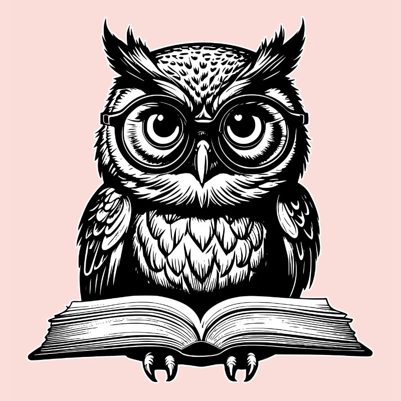 Kleine lustige Eule mit Brille sitzt auf Buch