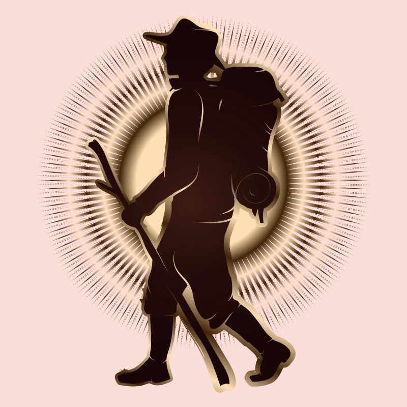 Pilgrim or hiker with walking stick & backpack