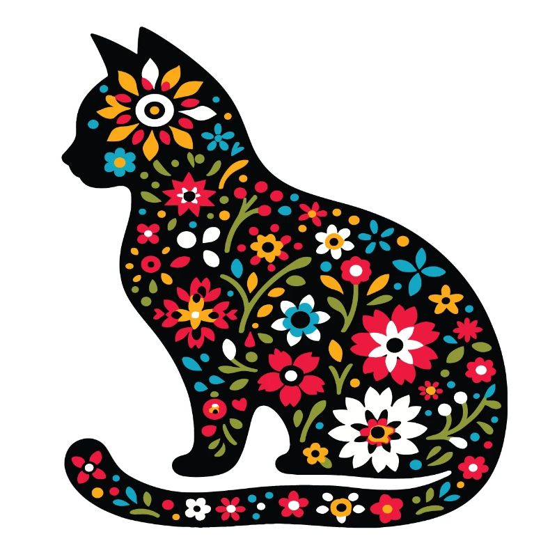 Silhouette einer Katze mit Blumen