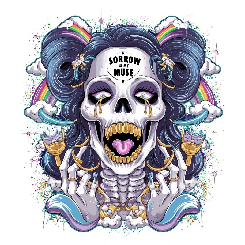 Glittering skeleton skull with rainbow