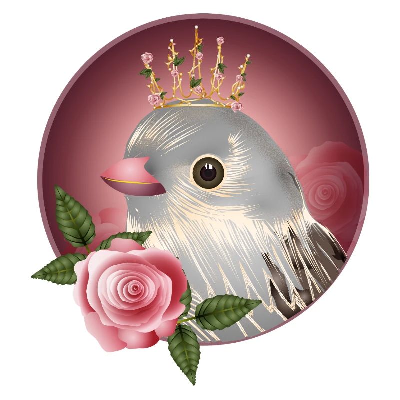 Delicate bird with rose and fine corolla