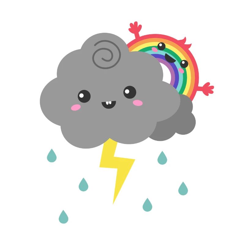 Arc-en-ciel mignon se cachant derrière un nuage d'orage