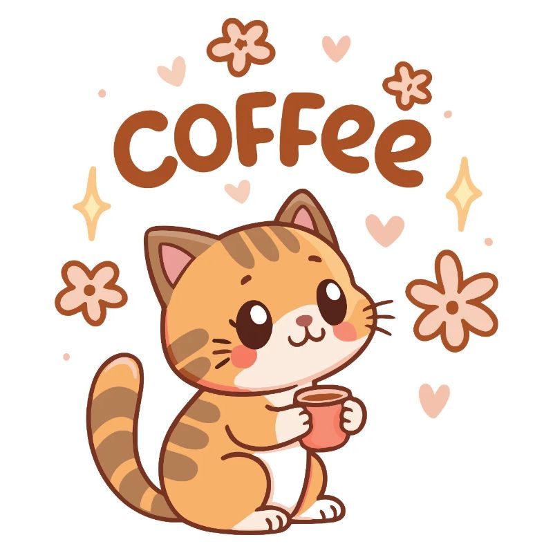 Chat café mignon et fleurs