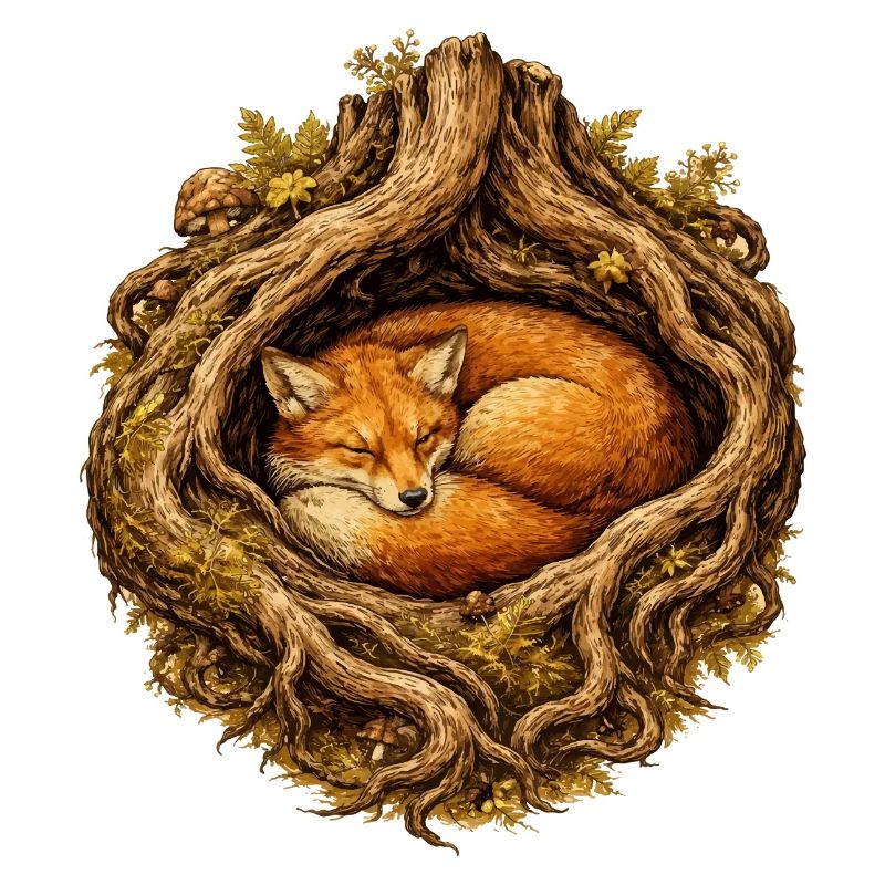 Sleeping fox in the root structure – forest motif