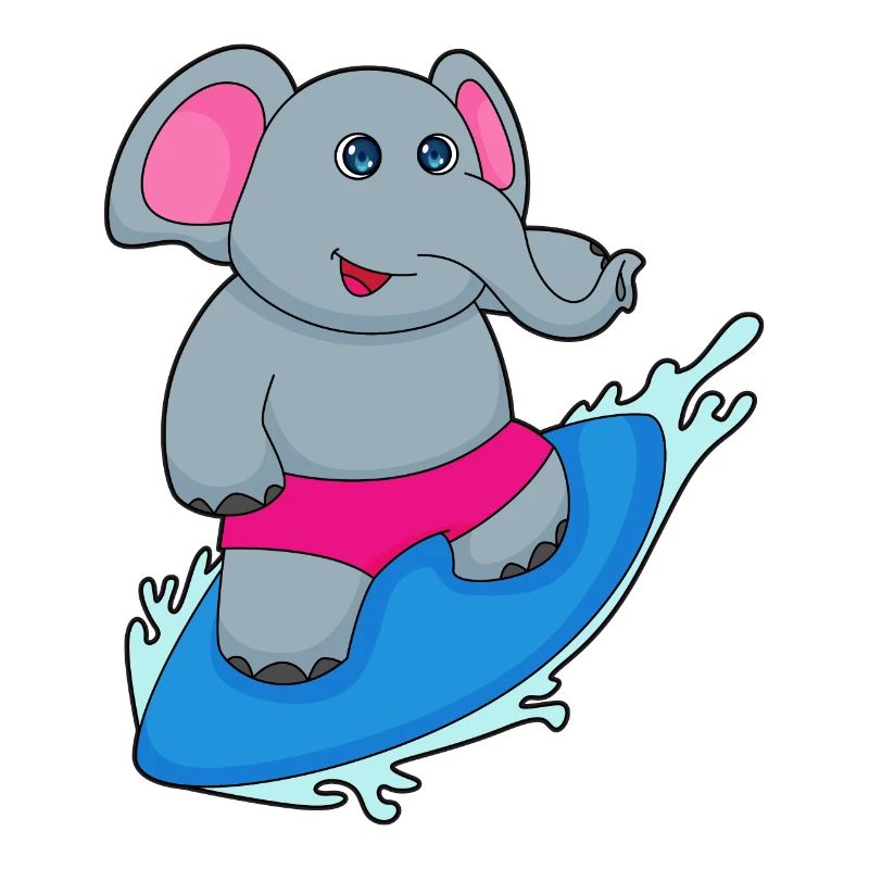 Elefant als Surfer mit Surfbrett