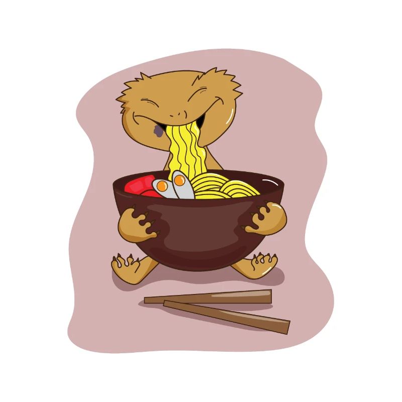 Gecko huppé mangeant des nouilles ramen, de jolis