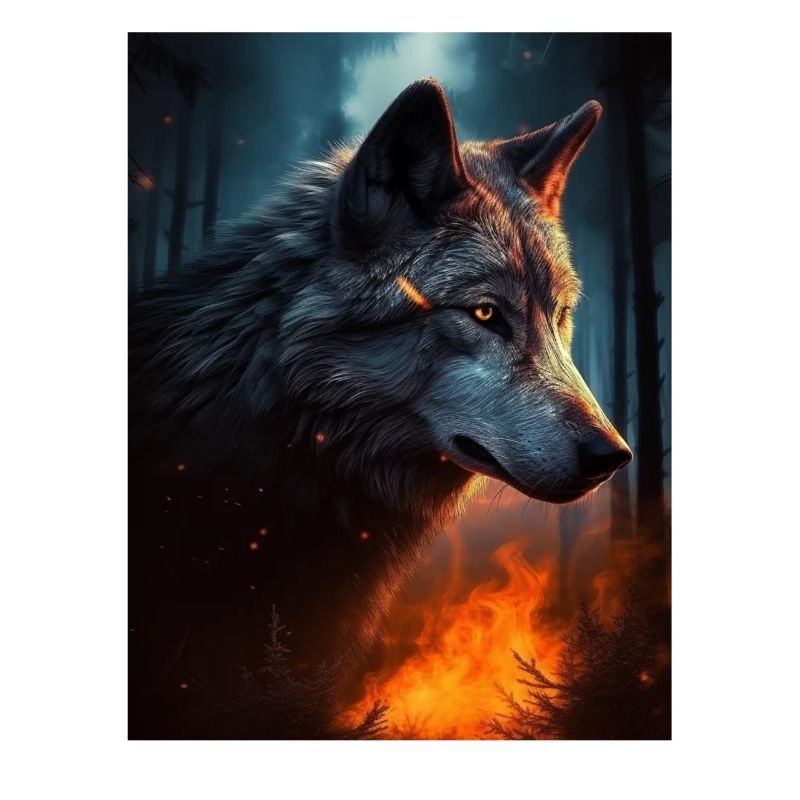 Loup solitaire dans la forêt de feu