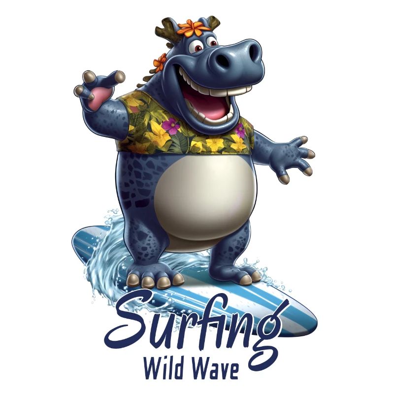 Witziges Nilpferd mit einem Surfbrett - Surfer