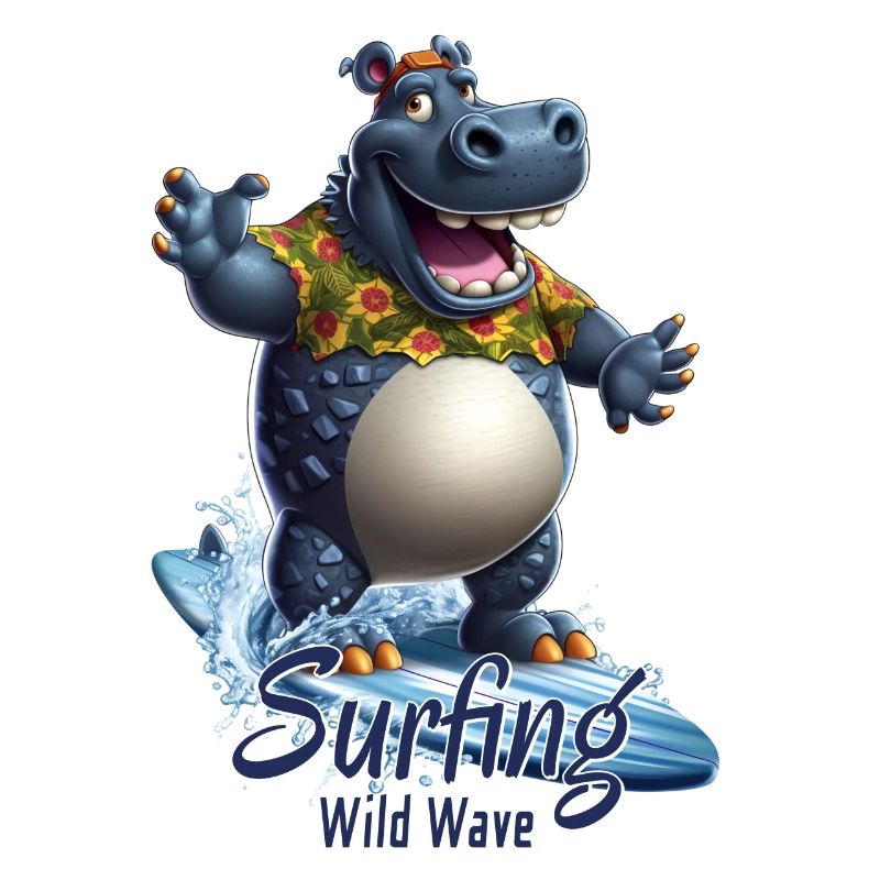 Lustiges Nilpferd mit einem Surfbrett - Surfer