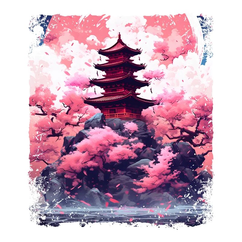 Cherry Blossom Tree in a Temple Sakura Vaporwave