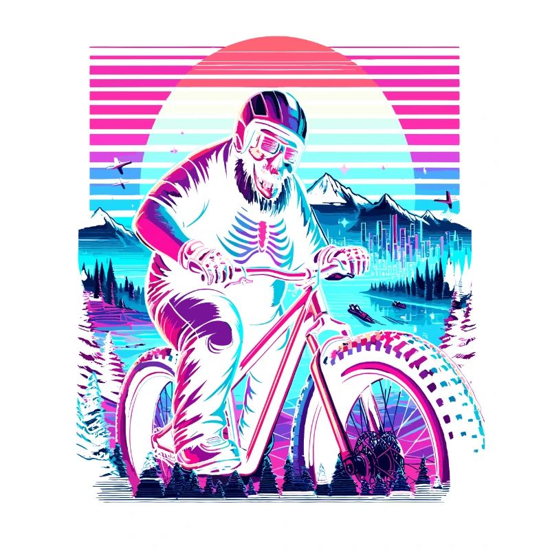 Synthwave Skeleton Biker Fatbike Retro Sunset
