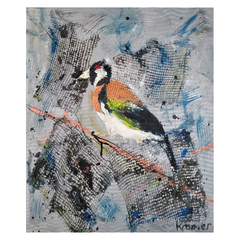 Acrylic painting with Stiglitz on tree branch