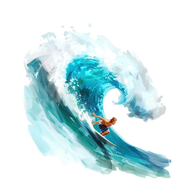 Surfer riding a big wave in a 2D